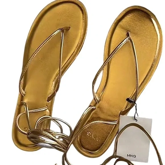 Mango MNG Womens Gold Metallic Wraparound Lace Up Flat Sandals Size 38 - Picture 3 of 14